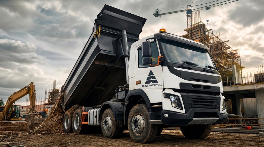White Atlas tipper lorry with rust-orange accents on an active construction site